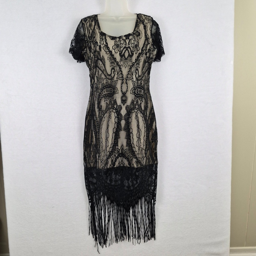 NWT Black Lace Overlay Fringe Cocktail Dress Flapper Sz Medium Whimsigoth 20's